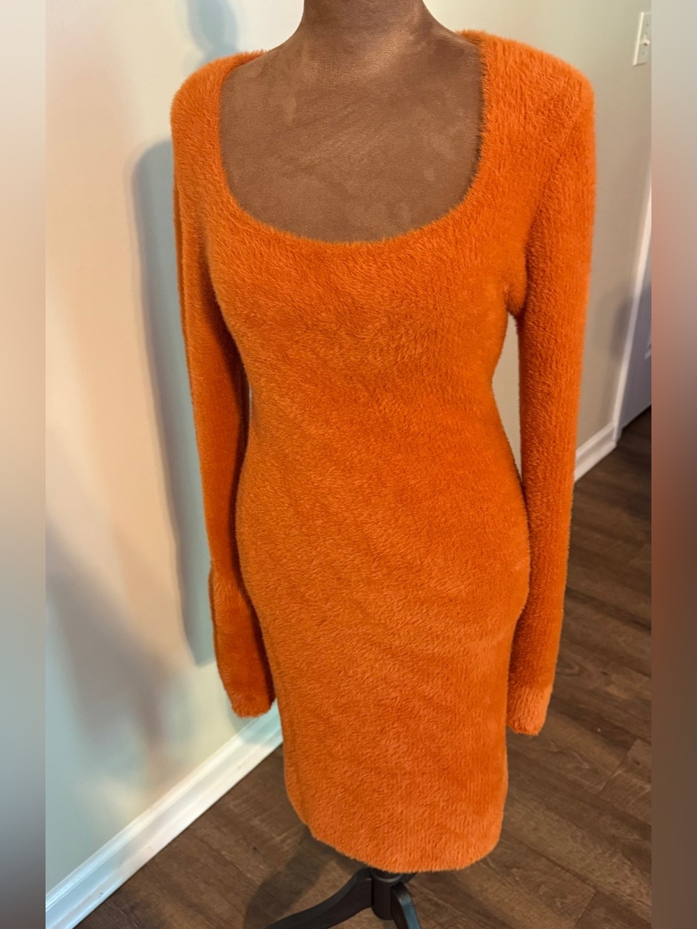 GB Orange Fuzzy Long-Sleeve Bodycon Dress